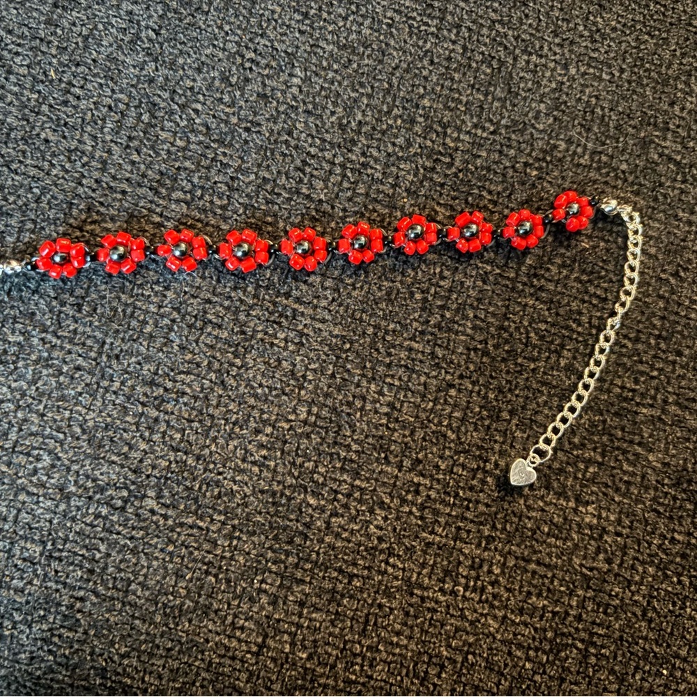 Red Floral Bracelet with Silver Chain